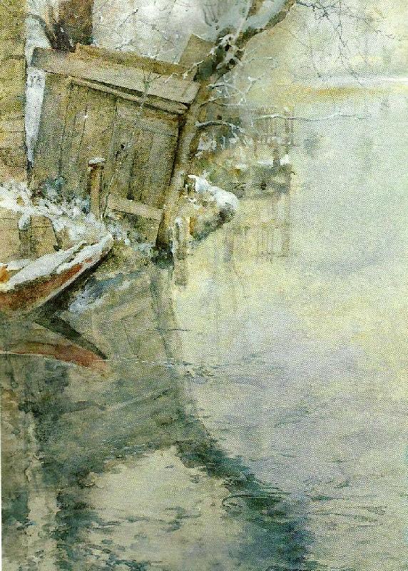 Carl Larsson vinter i grez-sur-loing-tvattbrygga vid loing-floden oil painting image